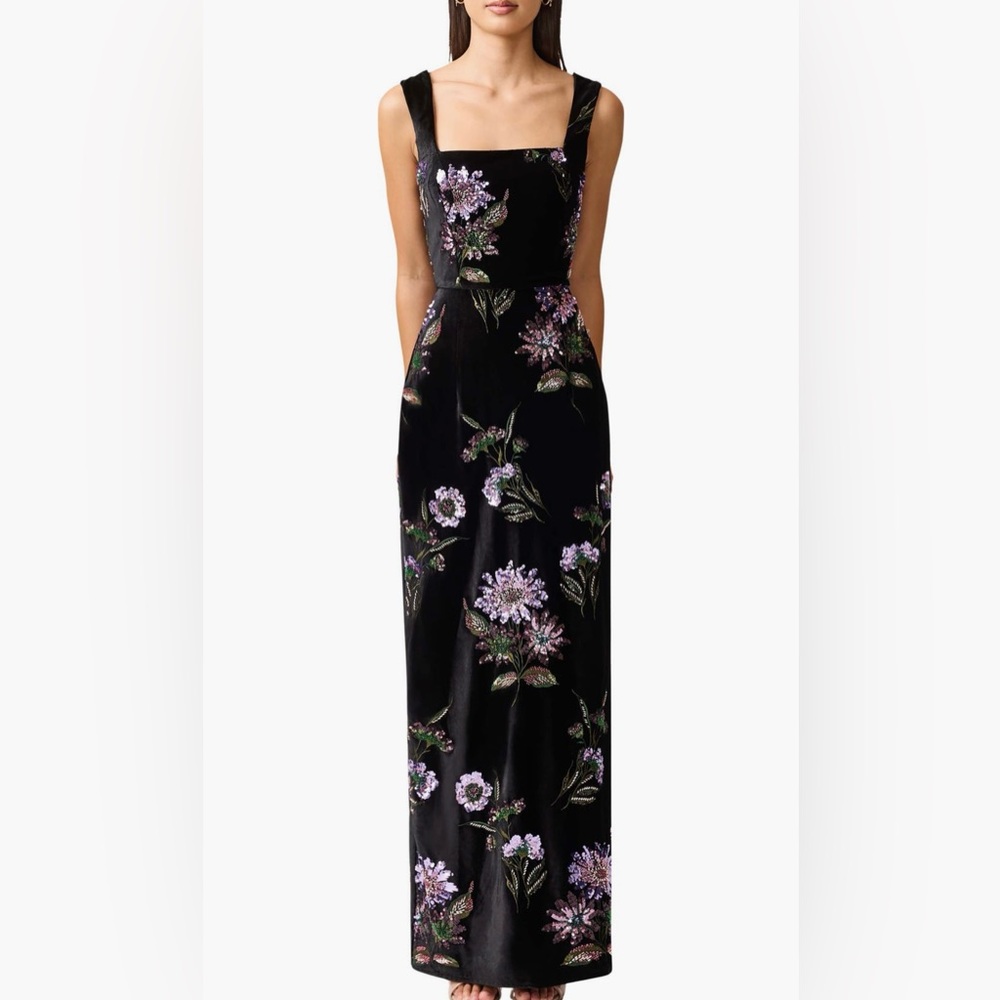 Elliatt Black Velvet Square-Neck Floral Evening Gown